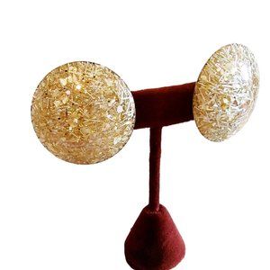 Large 1960s Vintage Yellow Confetti Lucite & Gold Threads Round Clip Earrings